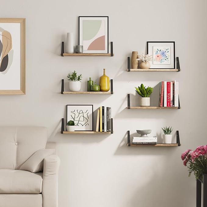 Wallniture Ponza 17'' x 4.5'' Floating Wall Shelf Bathroom, Small Wood Book Shelves for Wall Storage, Wall Mounted Shelf, Dining Room, Bedroom, Living Room, Office & Kitchen Organization, Burnt, 15pcs