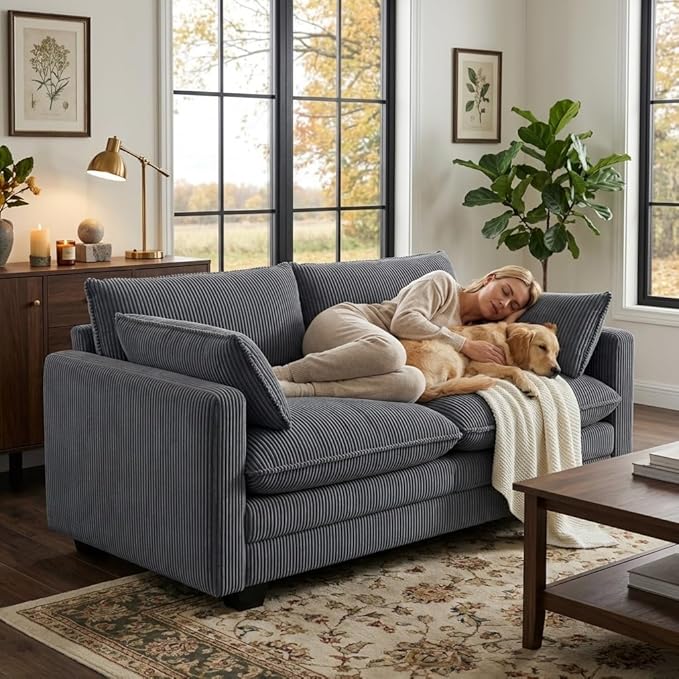 Gizoon 75” Small Cloud Loveseat Couches for Living Room, 2 Seater Love Seat Sofa with Comfy Deep Seat, Small Washable Couches with Removable Corduroy Cover for Apartment, Grey