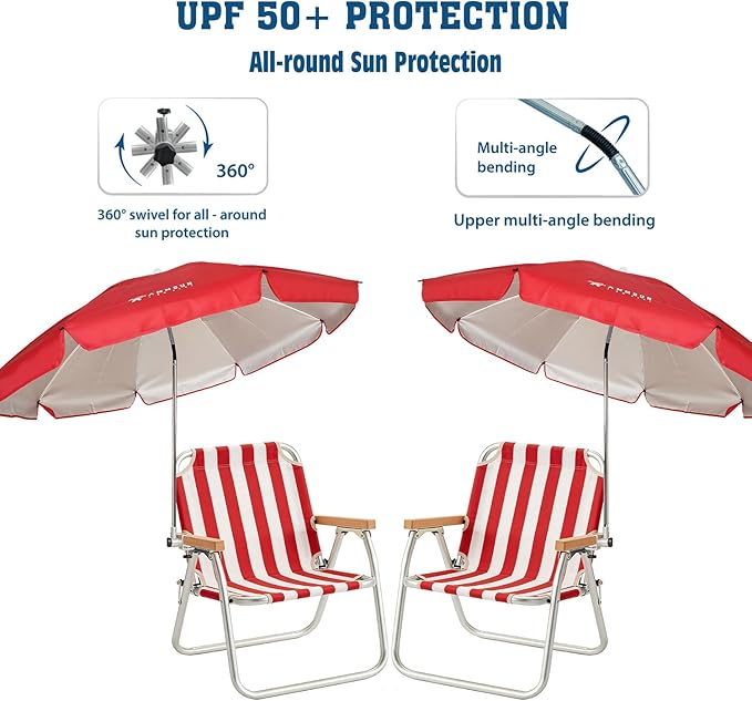 AMMSUN Chair Umbrella with Universal Clamp Adjustable 47 inches and 360° Swivel & UPF 50+ Protection Portable Sun Umbrella, Secure Clip on Camping/Beach Chairs, Stroller, Wheelchair, Golf cart, Lounger, Red, 2 PACK