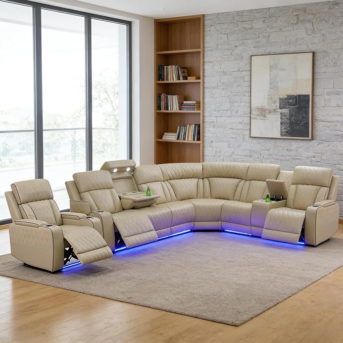 Power Recliner Sectional Sofa Set, Beige Leather Sectional Couch and Chair for Living Room, L Shape Reclining Sofa with Cup Holder, Hidden Storage, Drop-Down Table for House(7 Seat)