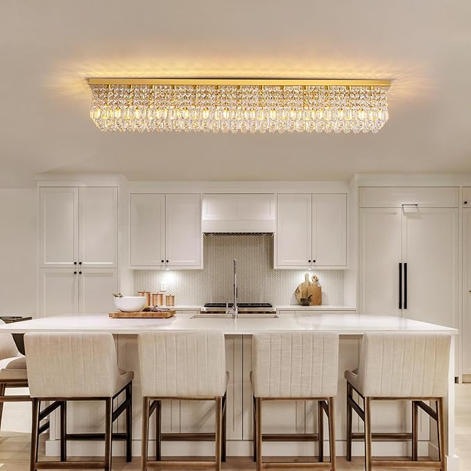 7PM Rectangular Chandelier, Modern Dining Room Light Fixture with Raindrop Chandelier Crystals, 13-Light Flush Mount Rectangle Chandelier for Dining Room, Living Room,Brass Finish L59'' x W10'' x H9''