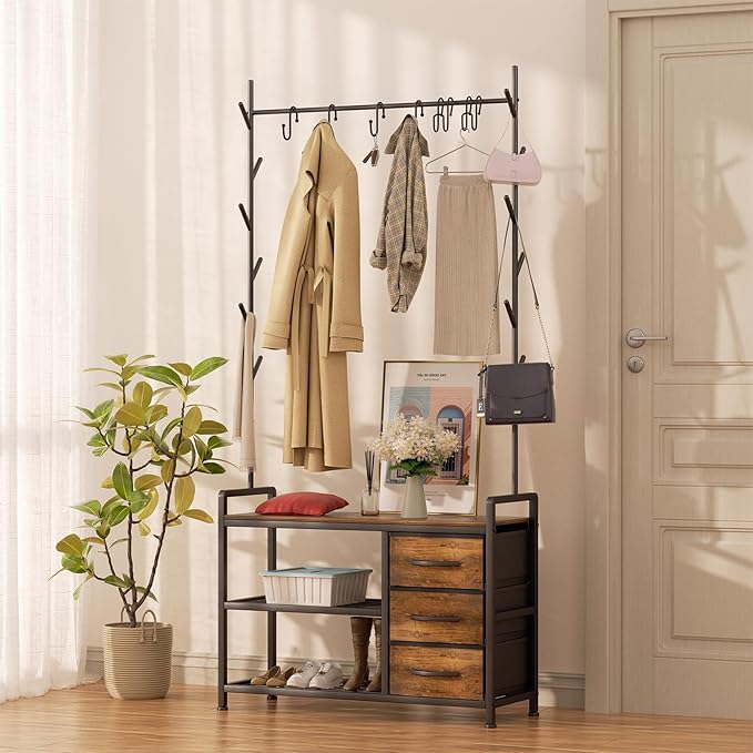 HOMEKOKO Coat Rack Tree Shoe Bench, Hall Tree for Entryway with Drawer Cubby Storage Bench, Wood Look Accent Furniture with Metal Frame, 3-in-1 Design (Rustic Brown)