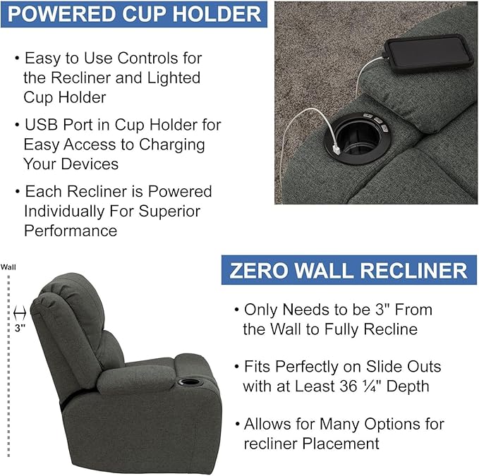 RecPro Charles Powered Double Recliner Sofa & Loveseat | Wall Hugger RV Furniture | Cloth (Fossil, 64")