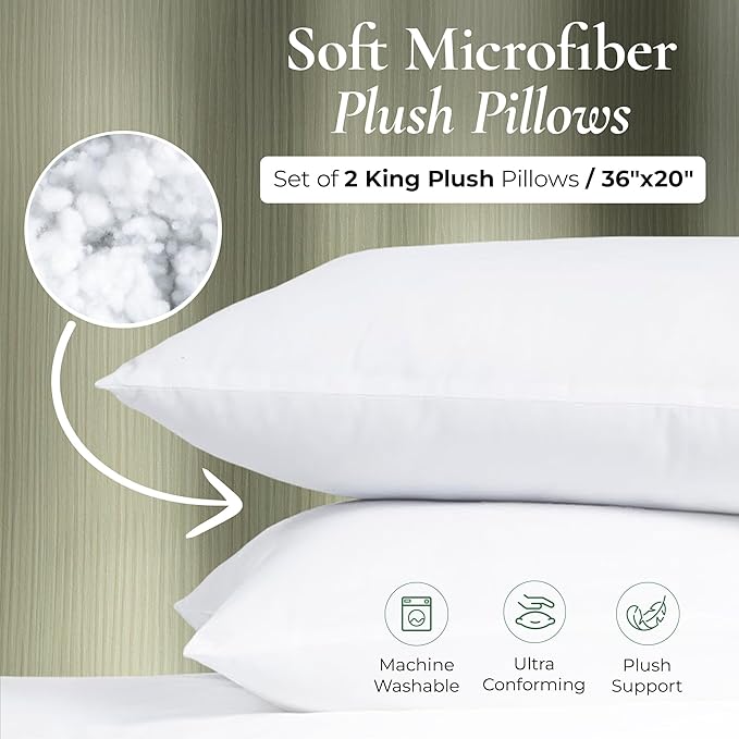Fern and Willow King Size Bed Pillows - Set of 2, 36"x20" - Luxurious Ultra-Soft Cooling Pillow - Hotel Quality, Down Alternative Fill - Ideal for Side, Back & Stomach Sleepers