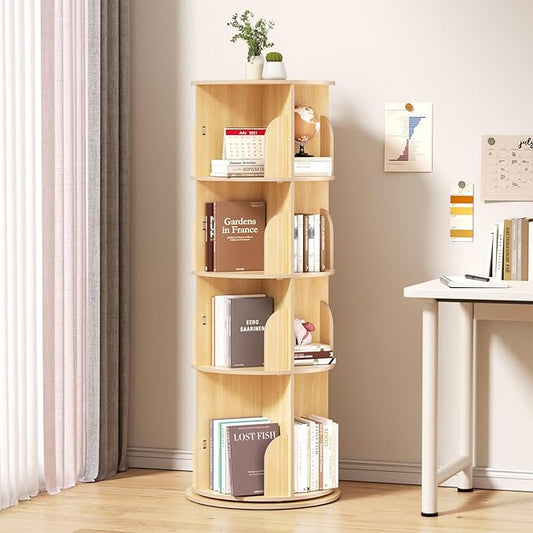 BIERUM 4 Tier Rotating Bookshelf, 360 ° Display Spinning Bookshelf Tower for Kids, Revolving Bookcase Narrow Book Shelf for Small Space, Rotating Bookshelves for Kids Room, Bedroom, Living Room