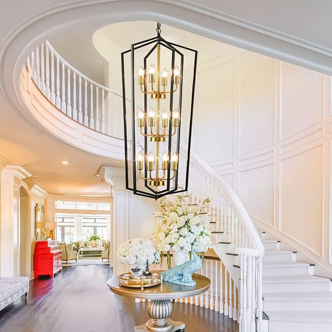 WJShome Modern Black and Gold Chandelier, 12-Light Tiered Lantern Pendant Light Fixture, Long Chandeliers for High Ceilings, Farmhouse Foyer Lighting Fixtures, for Living Room Staircase Entryway