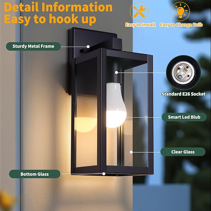Outdoor Wall Light with Smart Bulb Exterior Lighting Fixtures Waterproof Porch Lights Outdoor Anti-Rust Wall Lantern with Clear Glass Outside Lights for House -2 Pack