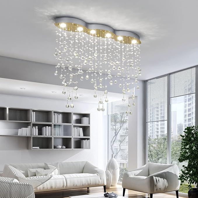 Saint Mossi 6 Light Modern Chandelier Crystal Chandelier Light Fixture,Modern Flush Mount Ceiling Light Fixtures Raindrop Chandelier Gold and Chrome Frame Chandlier Lamp,L39 x W8 x H31