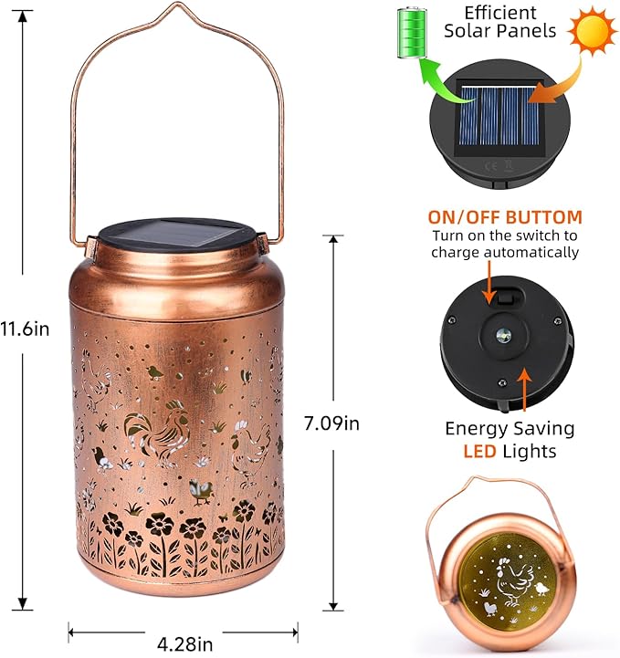 2Pack Chicken Solar Lanterns Outdoor Hanging Waterproof Solar Lights Gifts for Women Mom Grandma Outside LED Light Metal Lantern Decoration for Garden Decor, Porch, Lawn,Yard, Patio,Backyard