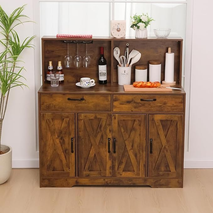 Sideboard Buffet Cabinet with Storage, 47'' Farmhouse Coffee Bar Cabinet, Kitchen Pantry Storage Cabinet with Doors and Shelves for Dining Room, Living Room, Kitchen, Brown
