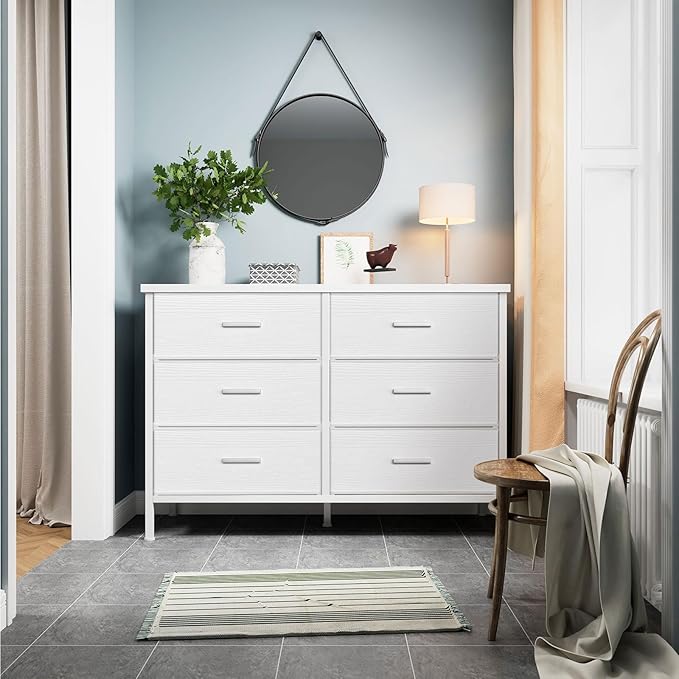BOLUO Large White Dresser for Bedroom 6 Drawer, Wide Fabric Dressers & Chests of Drawers Modern