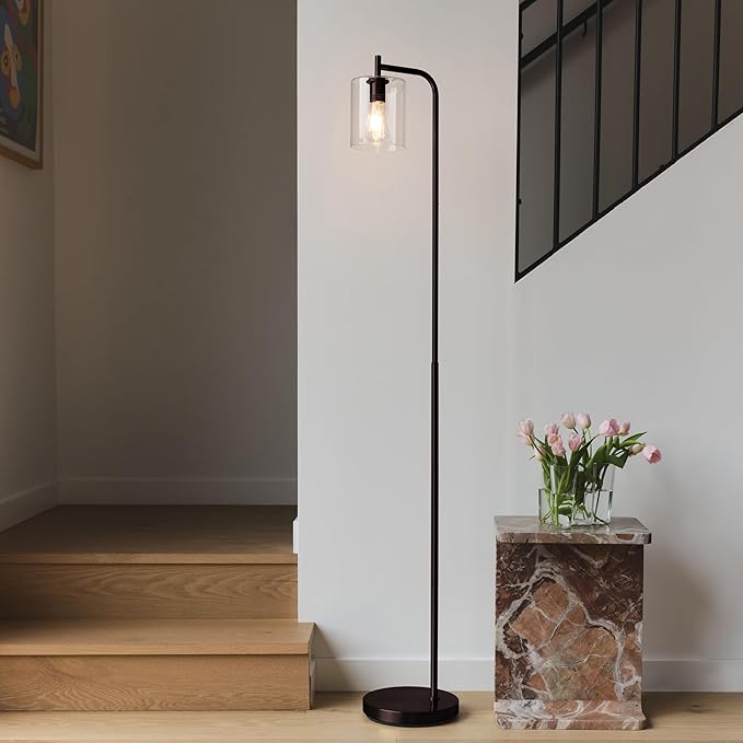Brightech Elizabeth LED Floor lamp, Tall Lamp with Glass Shade & Edison Bulb, Industrial Lamp for Living Rooms & Offices, Vintage Standing Lamp for Bedroom in Farmhouse or Rustic Style - Bronze