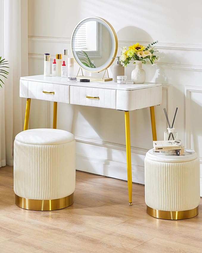 IBUYKE Round Storage Ottoman Set of 2 Ottoman for Dorm Vanity Stool with Storage Velvet FootStools End Table Boucle Ottoman for Home Organization White UWBD016W