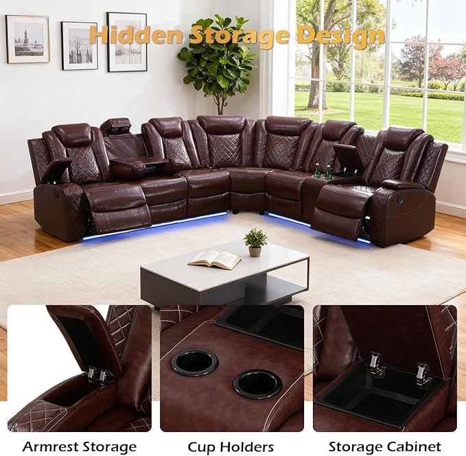 Leather Power Recliner Sectional Sofa Set with LED Light,L Shape Leather Couch Set with 3 Seats Sofa,Modular Corner Couch with USB Port for Living Room Furniture(Red, Sectional+3 Seats)
