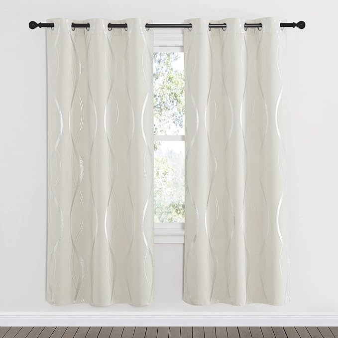 NICETOWN Blackout Curtains Panels for Bedroom, Beige, 2 Panels, 34 x 72 Inch, Microfiber Noise Reducing Thermal Insulated Wave Line Foil Print Design Blackout Curtains for Patio Sliding Glass Door