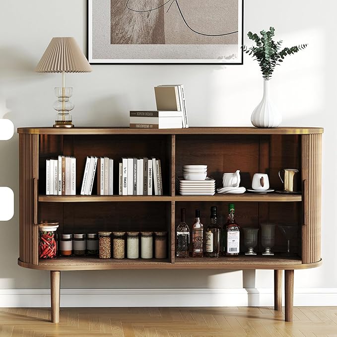 Mid-Century Modern Sideboard Buffet Cabinet, 55" Storage Cabinet with 4 cabinets, Decorative Fluted Sliding Doors for Bedroom Dining Room Small Space, Walnut Finish, Walnut