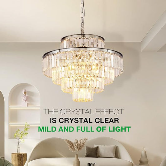 Chrome Modern Style Crystal Chandeliers & LightsRound Hanging Classic, Pendant Ceiling Chandelier Lighting Fixture 5-Tier for Dining Room Living Room(Chrome,24 inch)