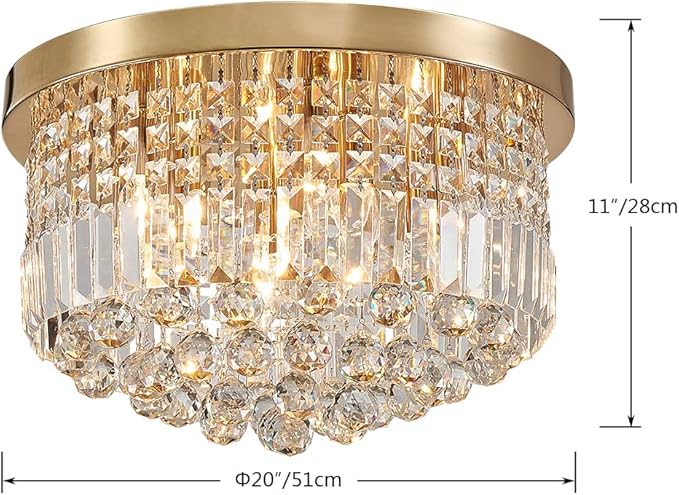 Saint Mossi Modern K9 Crystal Raindrop Chandelier Lighting, Flush Mount Ceiling Light, Perfect for Dining Room Bathroom Bedroom Livingroom, 9 x E12 Bulbs, H11 x D20, Clear Crystal & Brass Canopy