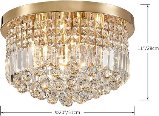 Saint Mossi Modern K9 Crystal Raindrop Chandelier Lighting, Flush Mount Ceiling Light, Perfect for Dining Room Bathroom Bedroom Livingroom, 9 x E12 Bulbs, H11 x D20, Clear Crystal & Brass Canopy
