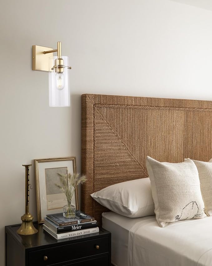 Set of 2 Gold Wall Sconces,Elegant Bathroom Wall Mount Light,Modern Vanity Lighting Fixtures with Clear Glass Shade,Indoor Metal Wall Lamp for Living Room Bedroom Kitchen Hallway Mirror