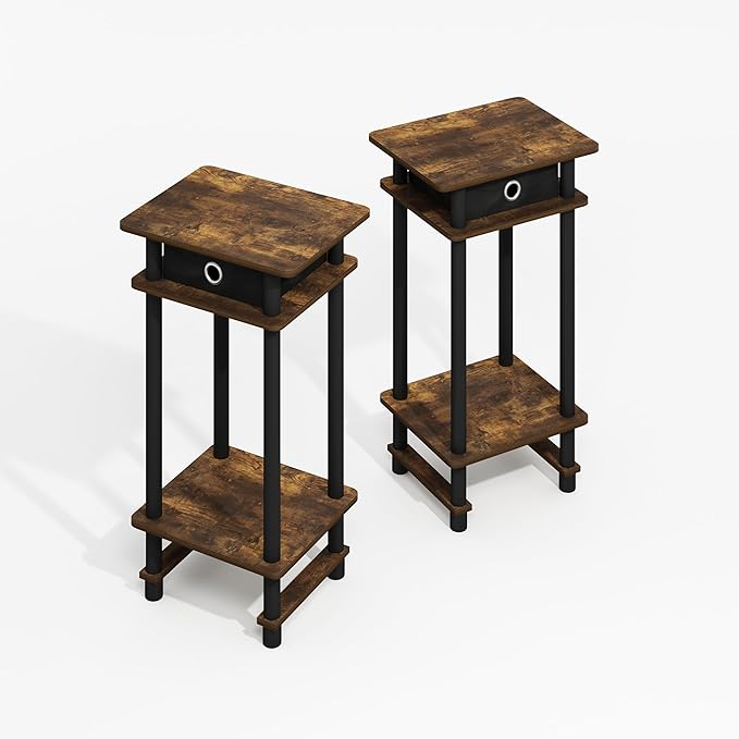 Furinno Modern Side Table Set of 2, 3-Tier End Table with Storage Bin, Open Shelf Night Stand, Bedside Table, for Living Room, Bedroom, Amber Oak