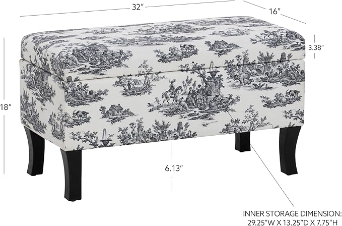 Linon Stephanie Black and White Toile Fully Upholstered Bench with Hidden Interior Storage