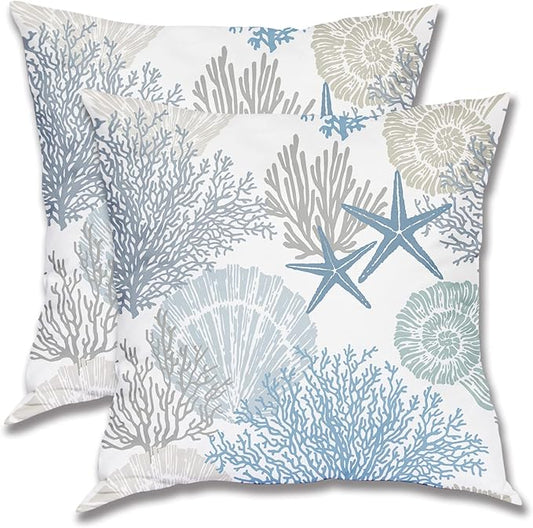 BETGINY Coastal Throw Pillow Cover 18X18 Inch Pack of 2,Summer Ocean Themed Pillow Covers Square Cotton Seashell Starfish Beach Pillow Cases Cushion for Bedroom Home Sofa Decoration