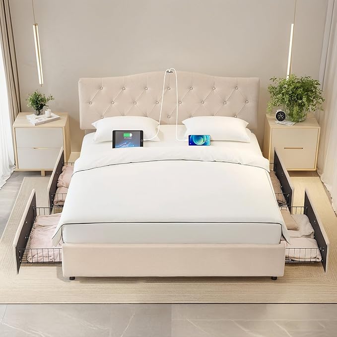 VECELO Full Size Platform Bed Frame with 4 Storage Drawers,Fabric Upholstered Headboard and Wooden Slats Support,Built-in USB and Type C Ports, No Box Spring Needed,Easy Assembly