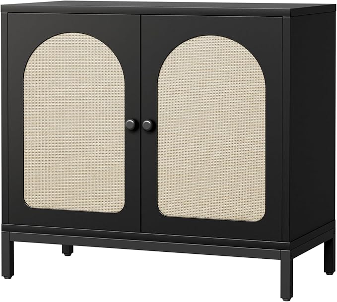 GarveeHome Rattan Sideboard Buffet Cabinet, Kitchen Storage Cabinet with Rattan Doors and Adjustable Shelves, Boho Accent Liquor Coffee Buffet for Living Dining Room Hallway, Black
