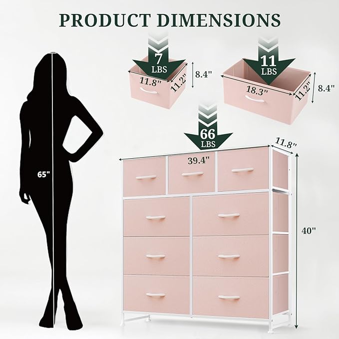 9-Drawer Dresser for Bedroom, Anti-Tip Tall Storage Organizer Chest of Drawers with Wooden Top and Metal Frame Fabric Bins for Closet, Living Room, Hallway, Entryway, Pink