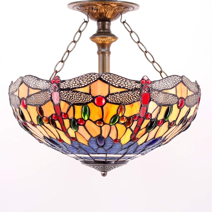 WERFACTORY Tiffany Ceiling Light Fixture Orange Blue Stained Glass Dragonfly Semi Flush Mount Lamp Wide 16 Inch Height 15 Inch Tiffany Ceiling Lamp S168 Series