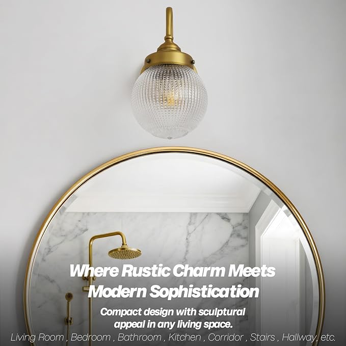 Curved Arm Wall Sconce Lighting with Clear Ribbed Glass Globe Shade, Vintage Brass Bathroom Wall Light Fixtures for Kitchen Living Room Bedroom Farmhouse