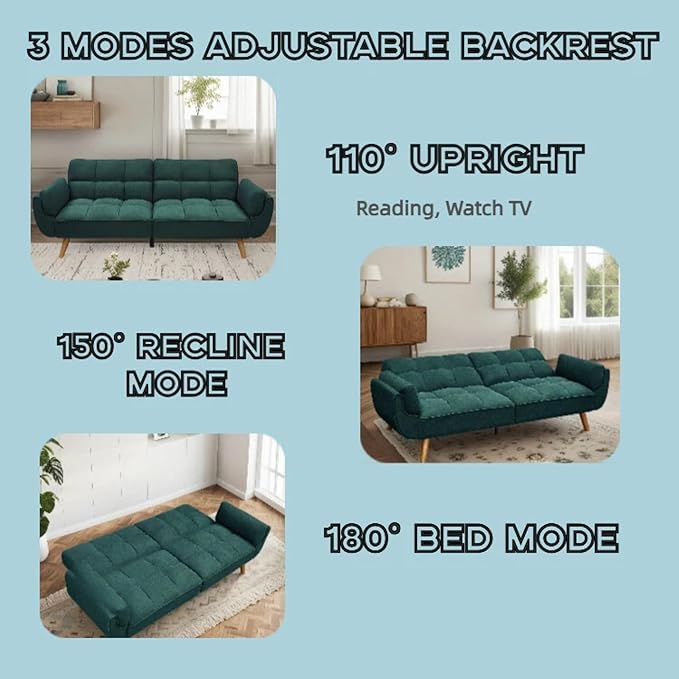 Convertible Futon Sofa Bed, Modern Futon Couch with 2 Pillows, Small Futons Couch with Adjustable Armrest & Backrest, Loveseat Sofa Bed for Living Room, Bedroom, Green