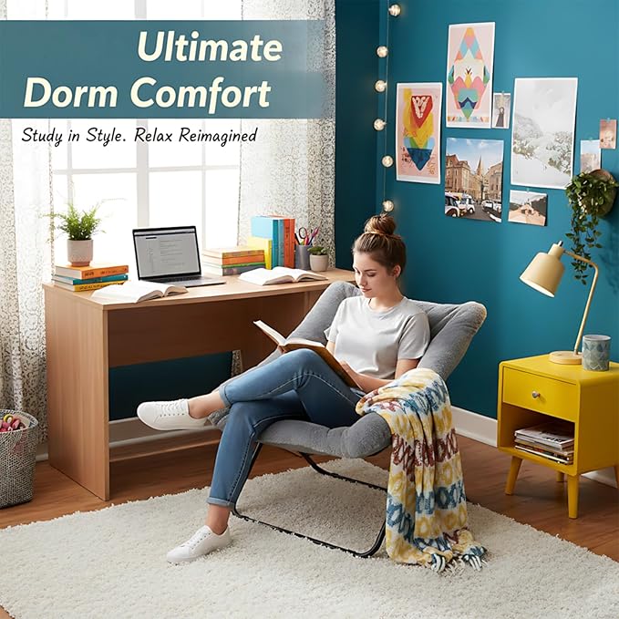Comfy Folded Chair, Soft Faux Fur Oversized Folding Accent Chair, Flexible Lazy Chair for Adults Kids, Metal Frame Moon Chair for Dorm Room, Bedroom, Living Room