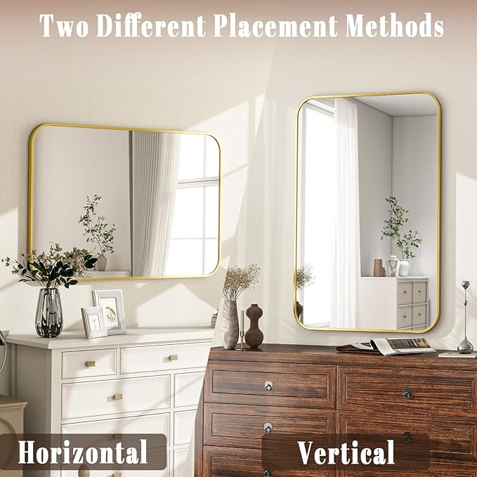 24x36 Inch Bathroom Mirror - Wall Mounted Vanity Mirror with Round Corner Aluminum Alloy Frame, Hanging Horizontally Vertically for Living Room, Bedroom, Hallway as Home Decor,Gold