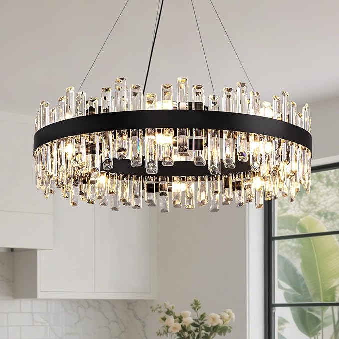 CROSSIO Modern Crystal Chandelier 16-Light Black Round 2 Tiers Raindrop Chandelier for Dining Room Luxury Large Flush Mount Ceiling Light for Living Room Entryway Foyer Bedroom D31.5''