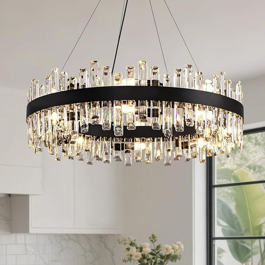 CROSSIO Modern Crystal Chandelier 16-Light Black Round 2 Tiers Raindrop Chandelier for Dining Room Luxury Large Flush Mount Ceiling Light for Living Room Entryway Foyer Bedroom D31.5''