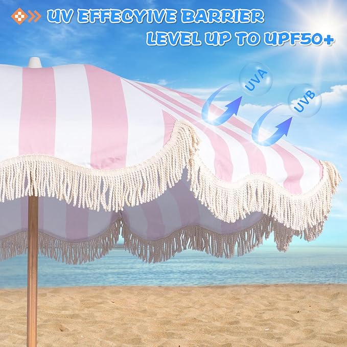6.5ft Boho Beach Umbrella with Fringe, UPF 50+ Tassel Umbrellas with Carry Bag, Premium Wood Pole Foldable Patio Umbrella for Outdoor Holiday Garden Lawn Pool Yard Table