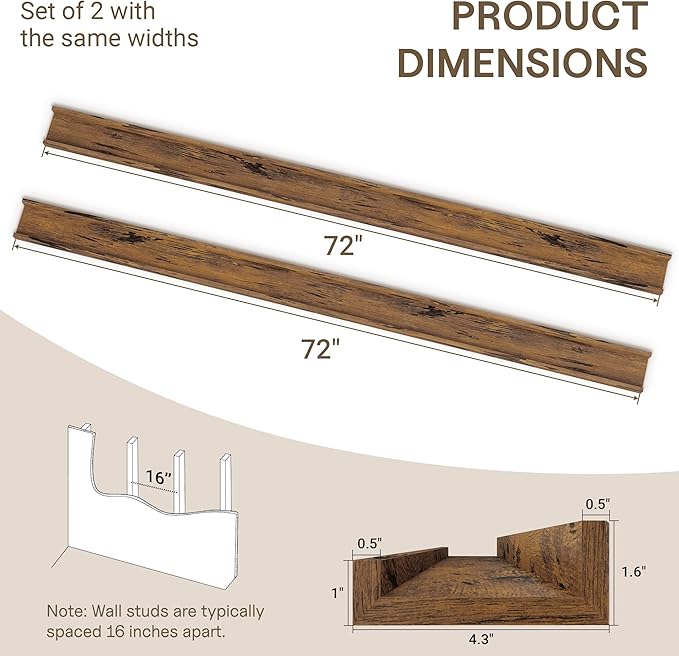 Fun Memories Long Wall Shelves Set of 2-72 Inch Floating Shelves for Wall - Picture Ledge Shelf with Lip for Storage - Wall - Mounted Shelves for Bedroom - Living Room - Kitchen - Rustic Brown