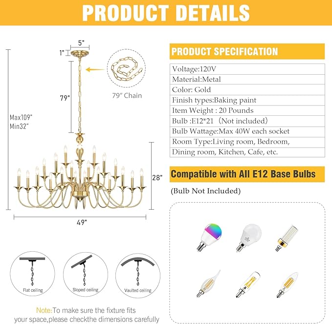 Large Gold Chandeliers for Dining Room Light Fixture, 21 Light 3 Tier Farmhouse Chandelier Over Table, Industrial Candle Hanging Lighting Fixture for Living Room Foyer Staircase Restaurant Villa