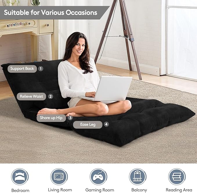 Giantex Adjustable Floor Sofa Couch with 2 Pillows, Multi-Functional 6-Position Foldable Lazy Sofa Sleeper Bed, Multi-Functional Suede Floor Seating for Reading Gaming (Black)