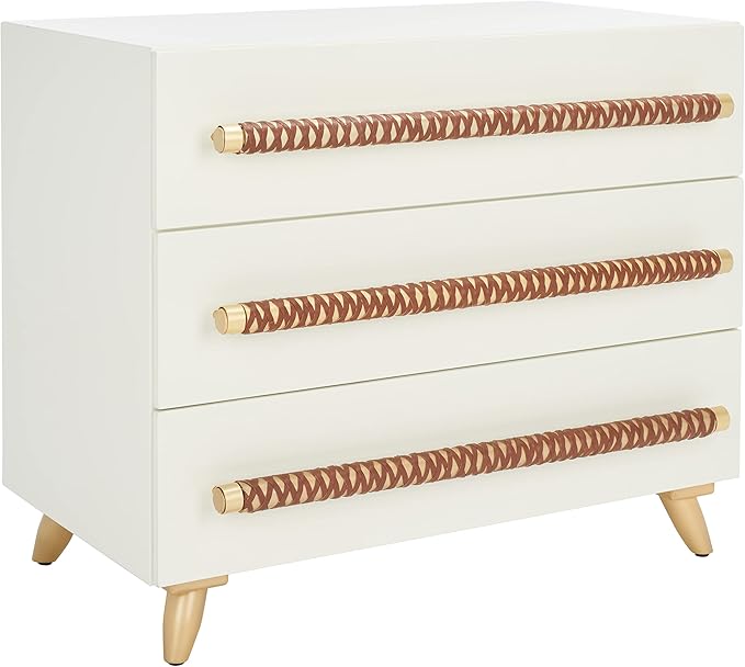 SAFAVIEH Home Collection – Raquel White 3 Drawer Chest, Mid-Century Style Dresser with Faux Leather Wrapped Drawer Pulls (CHS6602C)