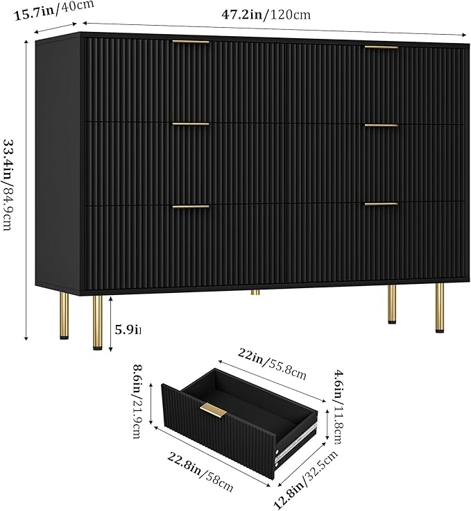 GAOMON 6 Drawer Dresser for Bedroom Chest of Drawers, 47" Wide Fluted Dresser with Drawers, Modern Wooden Double Dressers with Metal Handles for Living Room, Hallway