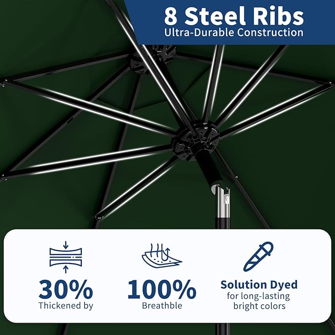 Garvee 9FT Patio Umbrella - Outdoor Table Umbrella with Crank Lift & Push Button Tilt - Market Umbrella 8 Sturdy Ribs UV Protection for Pool, Deck, Yard, Garden - Dark Green