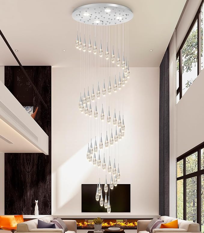 56-Lights 20 Feet Large Modern Chandelier LED Light Fixtures High Ceiling Long Light Chandelier for Entrance Foyer Dimmable Lights with Remote Living Room Ceiling Pendant Lighting Shine Silver