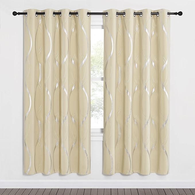 NICETOWN Blackout Curtains Panels for Bedroom - Microfiber Noise Reducing Thermal Insulated Wave Line Foil Print Design Drapes for Patio Sliding Glass Door (Biscotti Beige, 2 Panels, 52 x 72 Inch)