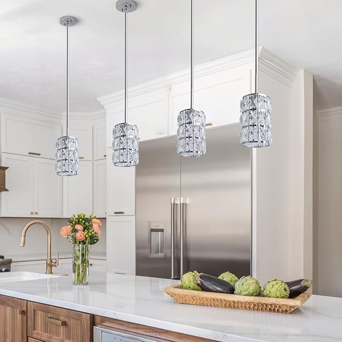 CALDION Modern Crystal Pendant Light 3-Pack Chrome Finish Pendant Lights Mini Crystal Chandelier Adjustable Hanging Ceiling Light Fixtures for Kitchen Island Dining Room Bedroom Entryway Hallway Bar