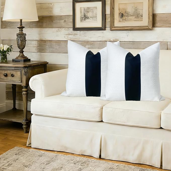 Slow Cow Black Faux Leather and Off White Linen Patchwork Throw Pillow Covers Stripe Cushion Covers 18 x 18 Inches