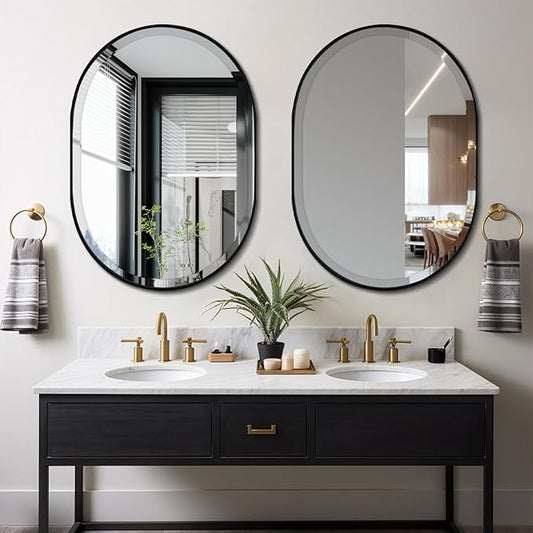 POZINO Oval Beveled Mirror, 24"x36" Bathroom Vanity Mirror Over Sink, Pill Shaped Capsule Wall Mounted Mirrors, Modern Oblong Mirrors for Living Room Bedroom Entryway, Hangs Vertically or Horizontally