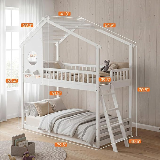 DUMOS Wood Twin Over Twin House Bunk Bed, Loft Bed with Ladder, Safety Guardrail, Wooden Slats & Window, Kids Twin Bed Frame for Teens Juniors, Freely Decorative House Roof